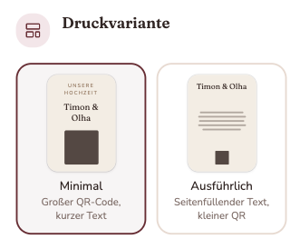 The two print variants — a minimal card carrying only a QR code, or a text-first page with a small one.